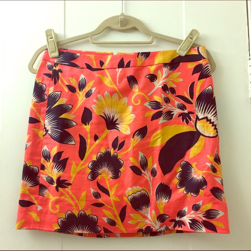 J. Crew Coral Floral Mini Skirt with Yellow and Dark Purple Accents